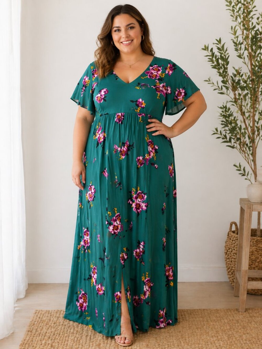 Torrid Green Floral Maxi Dress Size 1 (1X) Flowy Boho V-Neck Flutter Sleeve